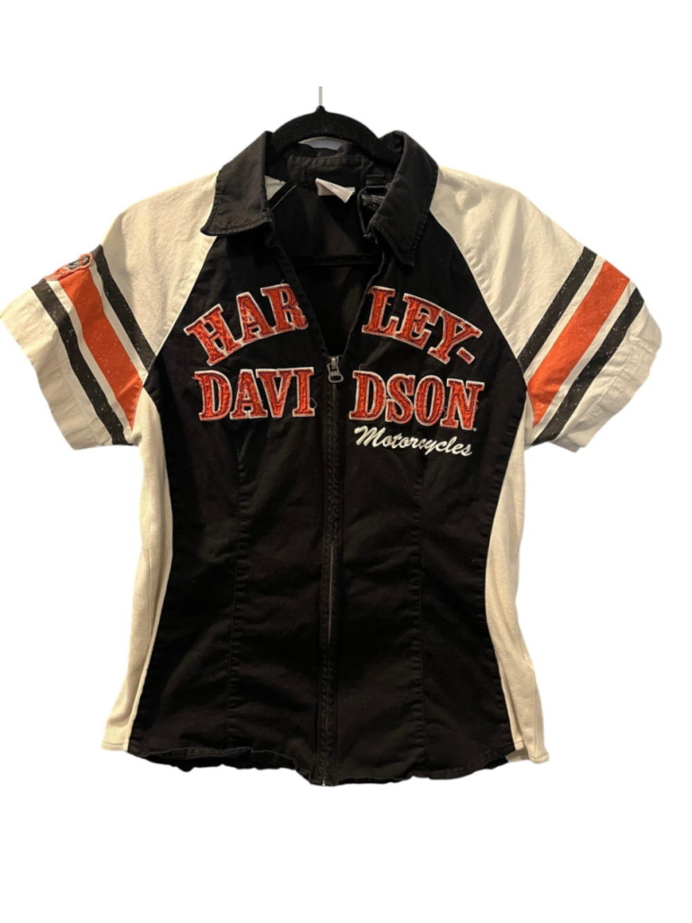 Vintage Harley Davidson Zip Front Moto Racing Shirt Top Black Orange White Large